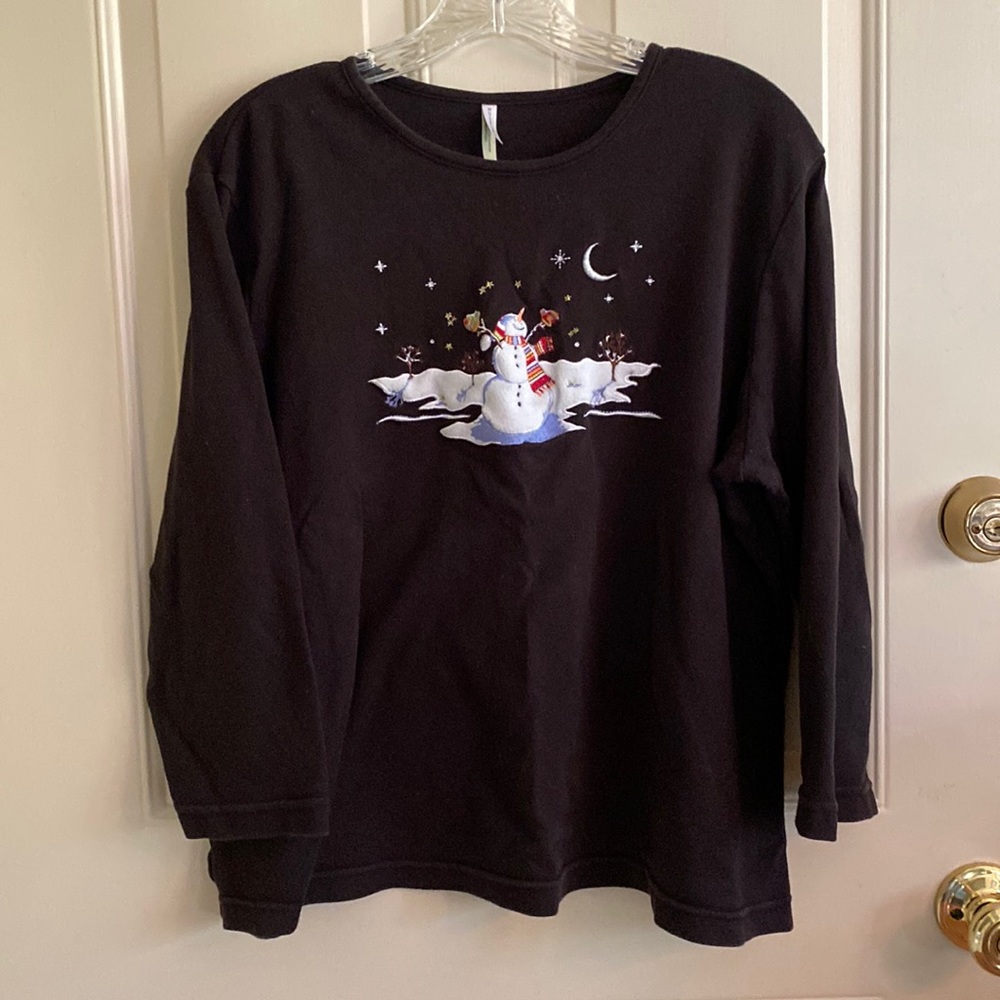 Vintage White Stag Women’s Christmas Long Sleeve Shirt Embroidered Snowman